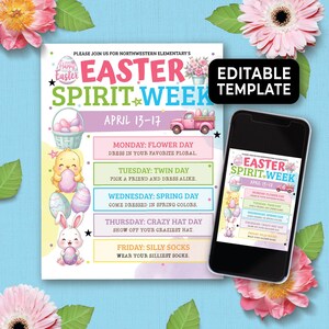 May include: Editable template for an Easter Spirit Week event at Northwestern Elementary. The colorful flyer features a pink truck with Easter eggs, a chick holding an egg, a bunny holding an egg, and a basket of eggs. The flyer lists the days of the week and corresponding themes: Flower Day, Twin Day, Spring Day, Crazy Hat Day, and Silly Socks Day.