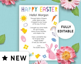 May include: A printable Happy Easter card with a colorful bunny rabbit, flowers, and a rainbow. The card says "Hello! Morgan" and includes a poem about the Easter Bunny hopping to your house. The card is fully editable.
