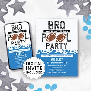 Editable Football Pool Party Invitation Boy, Football Mobile Birthday Swim Party Invite, Teenage Pool Party, Bro Birthday Invitation 144HL