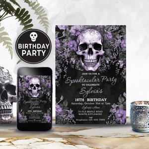 Editable Halloween Birthday Party Invitation, Haunted Scary Template, Retro/Vintage Watercolor Skull Halloween Party Invite Adult 154HL
