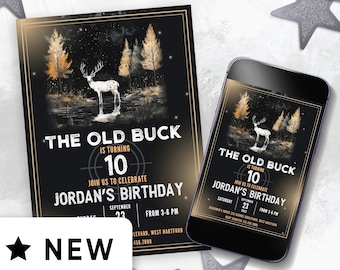 Editable Hunting Theme Birthday Invitation, Deer Hunting Invitation, Camo Hunting Party Invitation, Old Buck Birthday Invitation Black 201HL