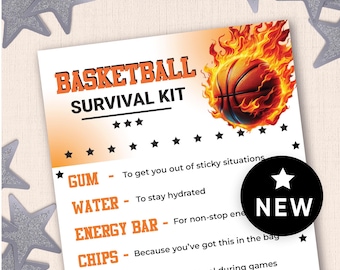 May include: A printable basketball survival kit checklist with a basketball on fire. The checklist includes items like gum, water, energy bar, chips, and mints.