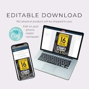 Pu&ograve; includere: Modello di invito di compleanno modificabile con un cartello di avvertimento giallo e nero con il testo "Caution 16 Ahead" e le parole "Ethan's 16th Birthday" sotto. Il modello &egrave; visualizzato sullo schermo di un laptop e di uno smartphone.
