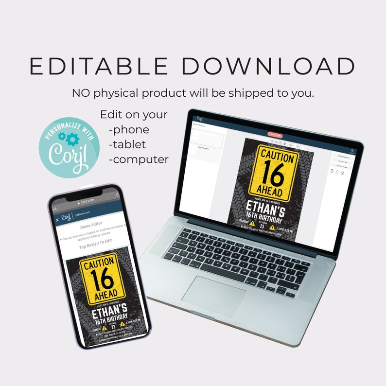 Pu&ograve; includere: Modello di invito di compleanno modificabile con un cartello di avvertimento giallo e nero con il testo "Caution 16 Ahead" e le parole "Ethan's 16th Birthday" sotto. Il modello &egrave; visualizzato sullo schermo di un laptop e di uno smartphone.