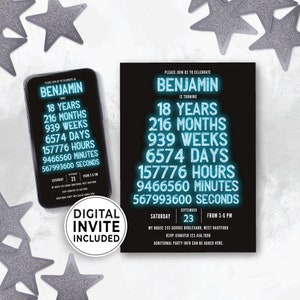 Editable 18th Birthday Invitation for Boy Digital Download, Party Idea for 18 Year Old Guy, Official Adult Instant Template Him Glow 156HL