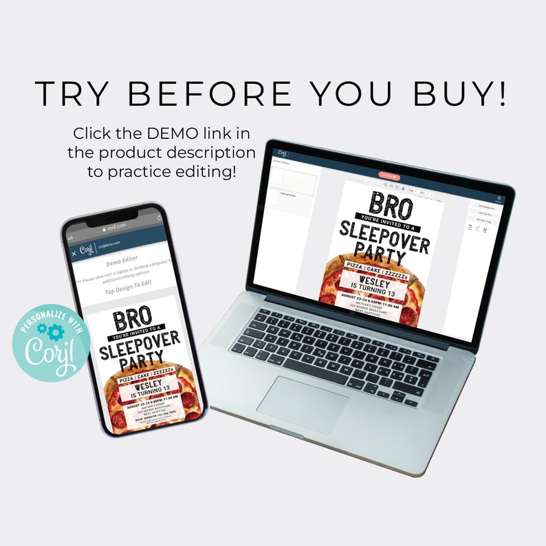 May include: A digital mockup of a customizable birthday invitation for a sleepover party. The invitation features a pizza graphic with the text "BRO YOU'RE INVITED TO A SLEEPOVER PARTY" and "WESLEY IS TURNING 13".