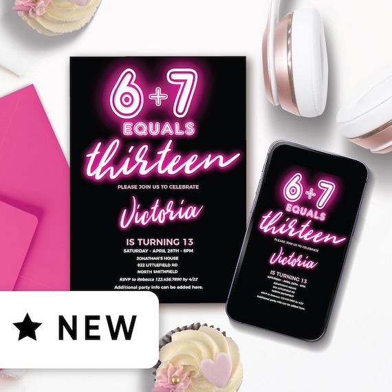 Editable 13 Year Old Girl Birthday Party Invite, Pink 6 7 Birthday Invite Template 325HL