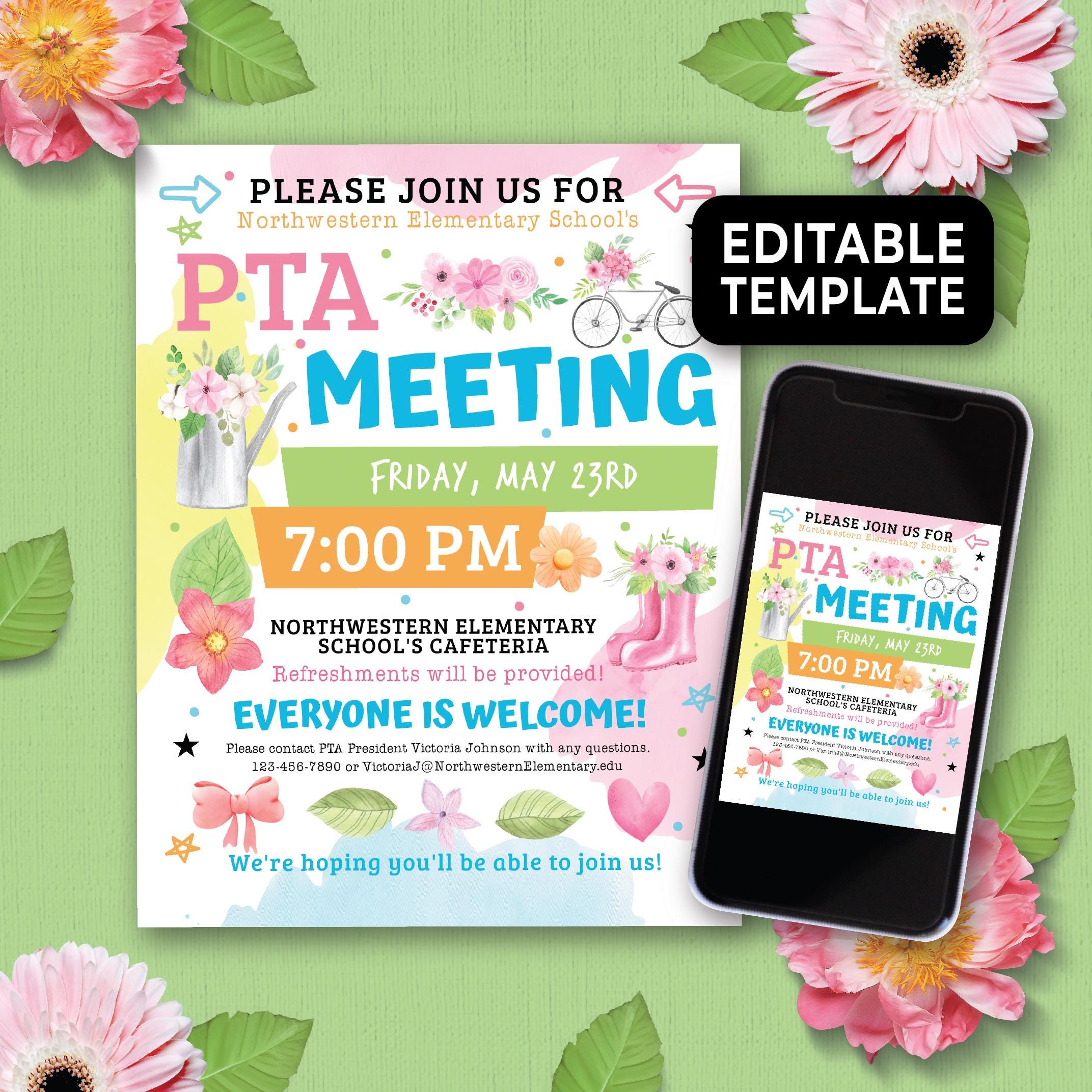 Editable PTO PTA May Meeting Flyer, Meeting Reminder Invitation, Spring PTA Meeting Template, April Flower Themed Pta Flyer Printable 225HL