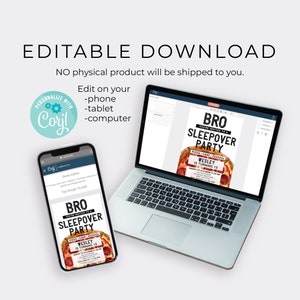 May include: Editable digital invitation for a "Bro Sleepover Party" with a pizza theme. The invitation features a pizza with the text "Bro Sleepover Party" and "Wesley is turning 13".