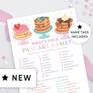 What's Your Pancake Name Party Game & Nametags, Pancake Breakfast Brunch Fundraiser, Sleepover Slumber Party Game Name Generator 143HL 123HL
