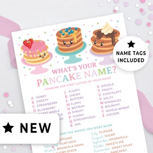 What&#39;s Your Pancake Name Party Game & Nametags, Pancake Breakfast Brunch Fundraiser, Sleepover Slumber Party Game Name Generator 143HL 123HL