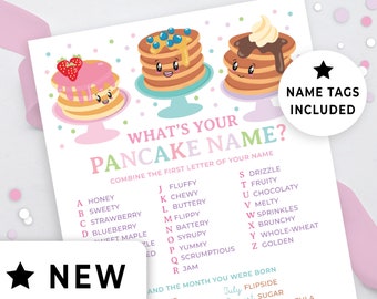 What&#39;s Your Pancake Name Party Game & Nametags, Pancake Breakfast Brunch Fundraiser, Sleepover Slumber Party Game Name Generator 143HL 123HL