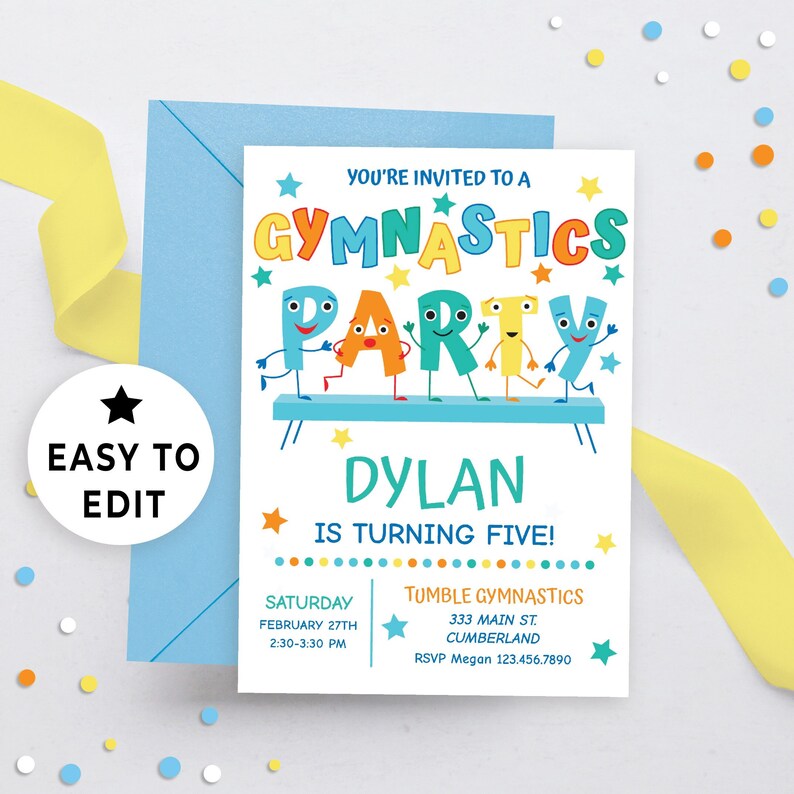 May include: A blue and white invitation for a gymnastics party. The invitation features a cartoon image of the letters "PARTY" with faces and legs standing on a blue gymnastics beam. The text "You're invited to a Gymnastics Party" is at the top of the invitation. The text "Dylan is turning five!" is below the cartoon image. The invitation includes the date, time, and location of the party. The text "RSVP Megan 123.456.7890" is at the bottom of the invitation.