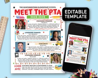 May include: A colorful flyer for a school's PTA meeting. The flyer features a school bus, books, and photos of the PTA members. The text on the flyer reads "Meet the PTA" and includes the names and titles of the PTA members. The flyer also includes the date and time of the next PTA meeting.