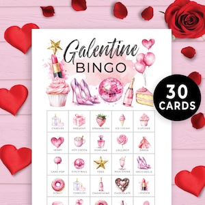 May include: A pink and white Galentine's Bingo card with 30 cards. The card has 25 squares with images of items like candles, a present, a strawberry, ice cream, a cupcake, a heart, hot cocoa, perfume, a lollipop, a dress, a cake pop, a disco ball, a star, a milkshake, high heels, a donut, champagne, chocolate, and lipstick.