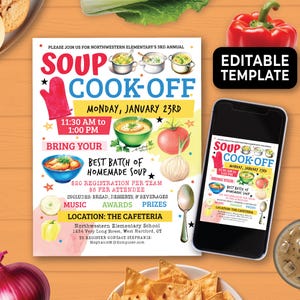 Editable Soup Cook-Off Flyer, Soup Potluck Cookoff Invitation, Annual Soup Cook Off Competition Flyer for School, Company or Church 213HL