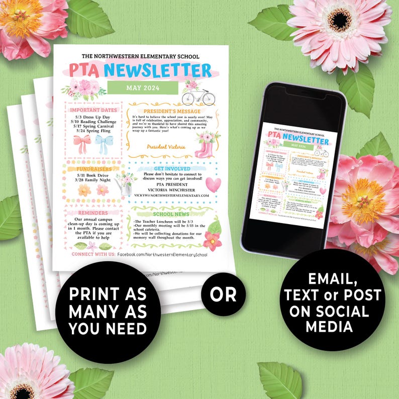Editable PTO PTA May Newsletter Template, Spring Themed Volunteer ...