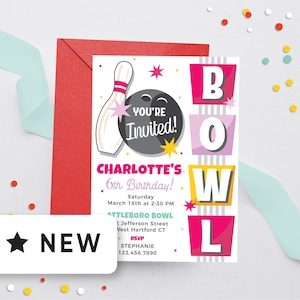 Editable Bowling Birthday Invitation Girl Download, Strike Up Some Fun Girl Bowling Invite Birthday Party, Retro Bowling Invite 103BL
