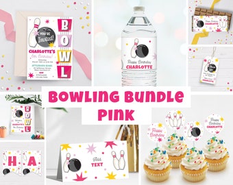 Editable Bundle Bowling Birthday Party, Party Decor Supply Kit Strike Up Some Fun Girl Bowl, Retro Bowling Download Template Package 103BL