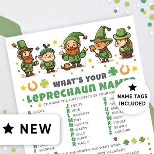 What&#39;s Your Leprechaun Name Game with Name Tags, St Patrick&#39;s Day Activity Page, Office, Party Game, Name Generator Kids Printable 165HL