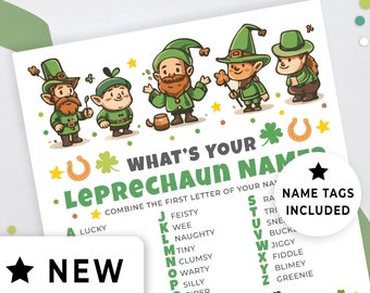 What's Your Leprechaun Name Game with Name Tags, St Patrick's Day Activity Page, Office, Party Game, Name Generator Kids Printable 165HL