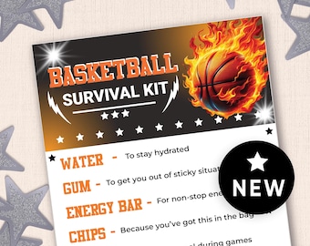 May include: A printable basketball survival kit checklist with a black background and orange text. The checklist includes items like water, gum, energy bar, chips, and mints. The image also features a basketball on fire.