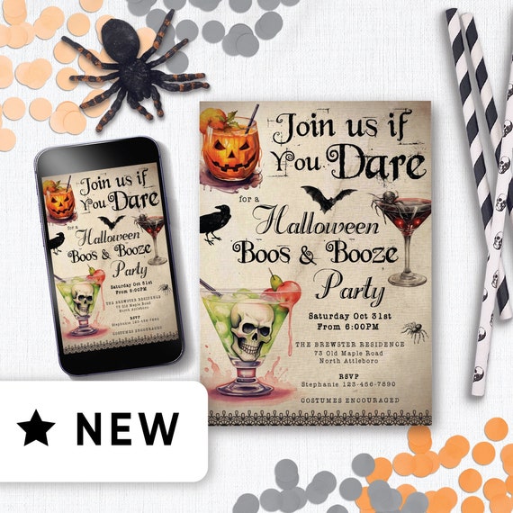 Editable Halloween Cocktail Party Invitation, Boos And Booze Template, Retro/Vintage Watercolor Skull Halloween Party Invite Adult 154HL