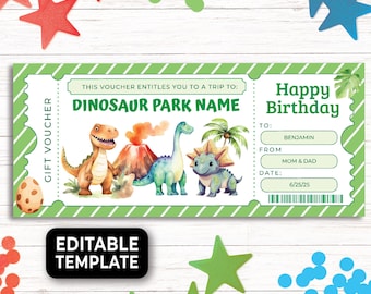 Peut inclure: Bon cadeau vert sur le thème des dinosaures. Le bon indique "Dinosaur Park Name" et "Happy Birthday". Le bon comporte des illustrations de dinosaures, d'un volcan et de palmiers. Le texte "Editable Template" est également présent.