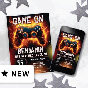 May include: A digital invitation for a video game themed party. The invitation features a fiery red and orange video game controller with the text "Game On" and "Benjamin has reached level 10". The invitation also includes the date, time, and location of the party.