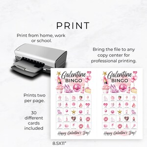 May include: Two printable Galentine's Bingo cards with a pink and gold color scheme. The cards feature images of cupcakes, lipstick, champagne, and other items related to Galentine's Day. The cards are 8.5 inches by 11 inches.