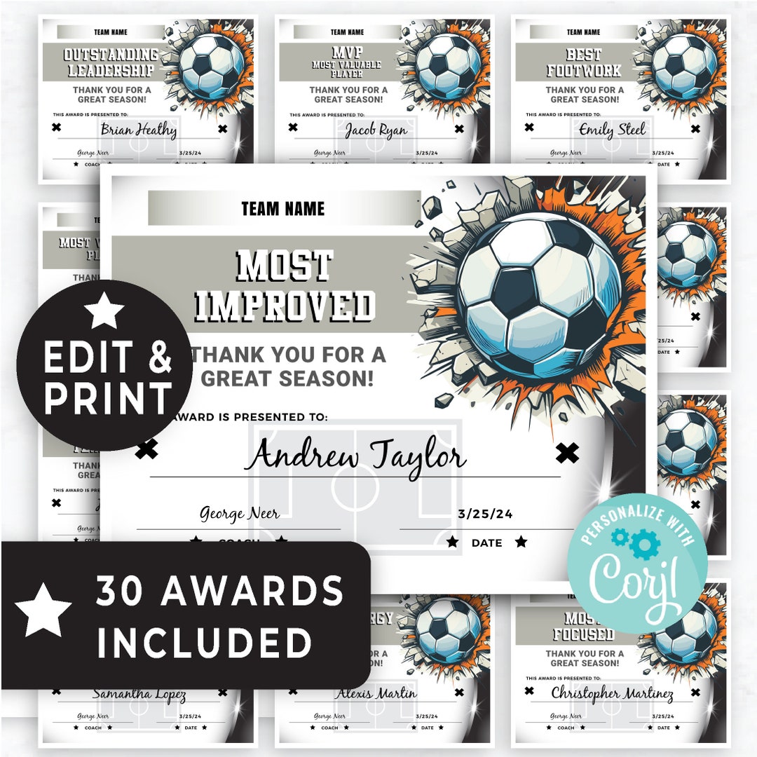 Soccer Awards Printable, End of Season Soccer Awards Templates, Soccer