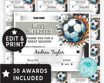 Soccer Awards Printable, End of Season Soccer Awards Templates, Soccer Team Awards, Team Party Soccer Certificate Award Templates, 173HL