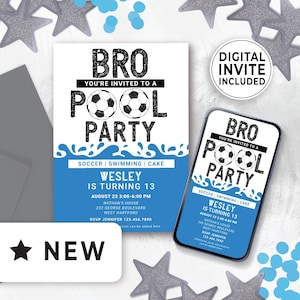 Editable Soccer Pool Party Invitation Boy Digital, Mobile Teenage Pool Party, Swim Party Text Invite, Bro Birthday Invitation Download 144HL