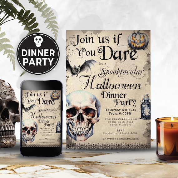 Editable Halloween Dinner Party Invitation Template, Retro/Vintage Watercolor Skull Haunted Dinner Party  Potluck Invite Adult 154HL