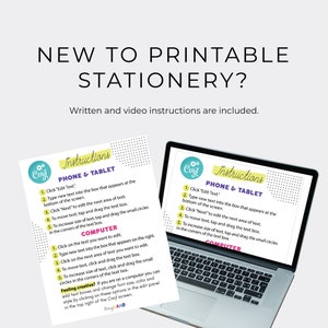 May include: A printable stationery template with instructions for editing text on a phone, tablet, or computer. The instructions include steps for adding text, moving text, and changing the size of the text. The template features a colourful design with a blue and yellow colour scheme.
