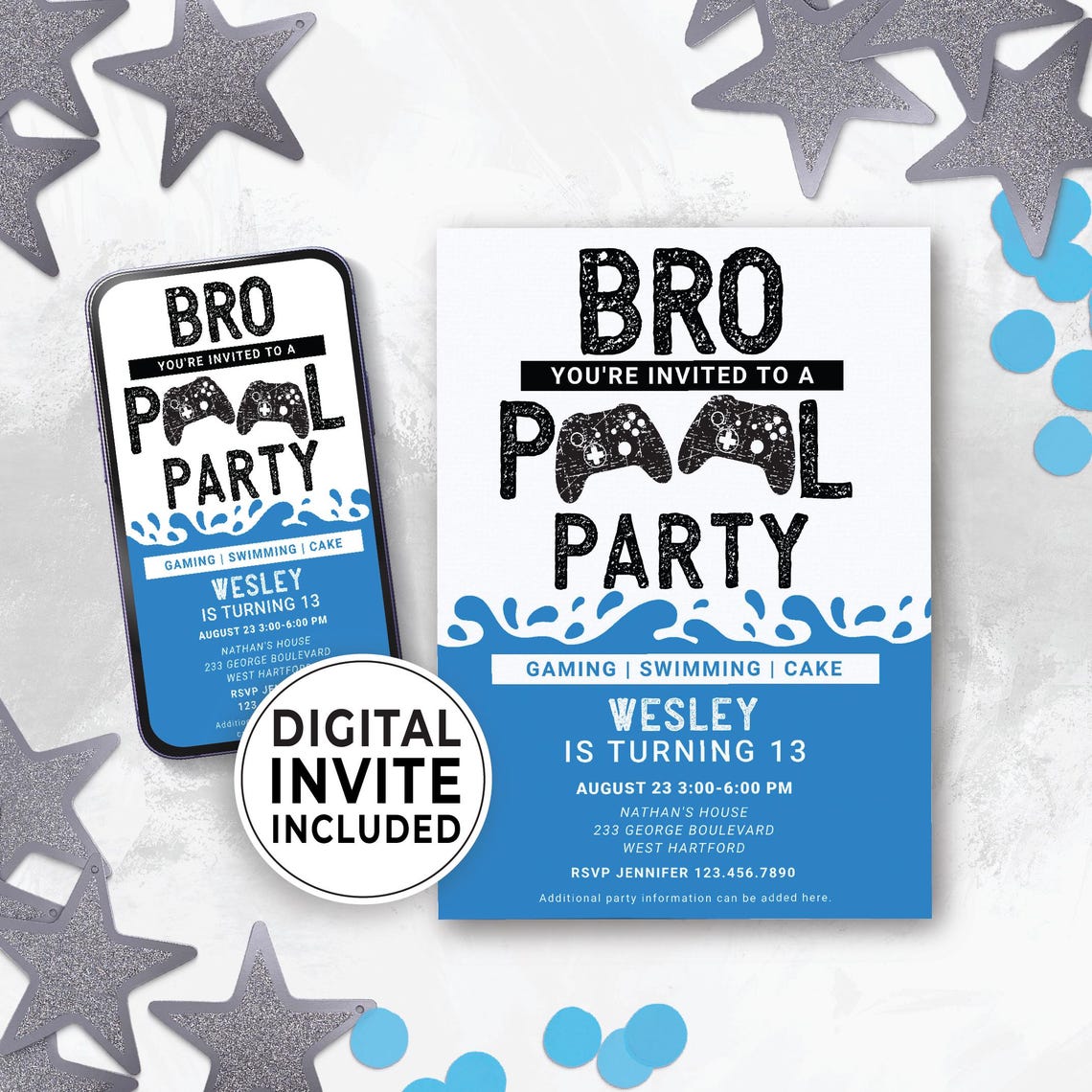 Editable Video Game Controller Pool Party, Mobile Text Gamer Pool Party ...