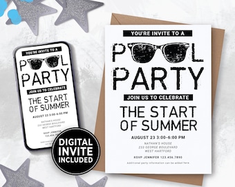 Editable Hello Summer Teenage Pool Party Invitation, Teen Dark Pool Party, Tween Boy Backyard BBQ, Goodbye High School Party Download 144HL