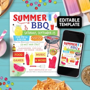 Puede incluir: Plantilla editable para una invitación a una barbacoa de verano. La invitación presenta una ilustración de acuarela de una parrilla, hot dogs, limonada, sandía y conos de helado. El texto dice "Summer BBQ" e incluye la fecha, la hora y la ubicación del evento. La información de RSVP se incluye en la parte inferior.