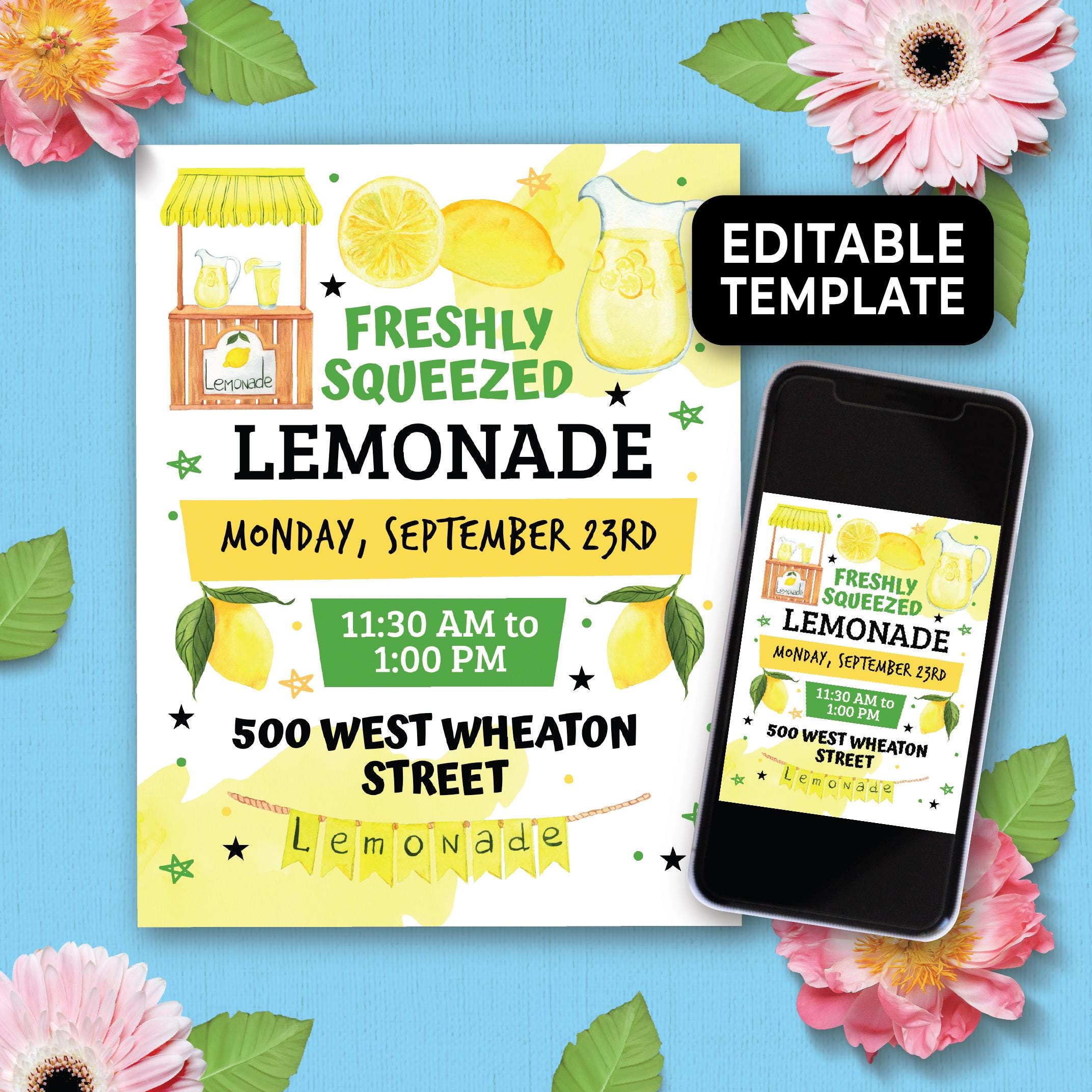 Editable Lemonade Stand Flyer, Kids Lemonade Stand Flyer Editable & Printable, Fresh Lemonade Stand Sign, Lemonade Stand Decor 273HL