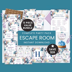 Editable Bundle Escape Room Party Girl Digital Download,  Kid Mystery Break Out, Detective Uncover the Mystery Party Decor & Favors 122HL