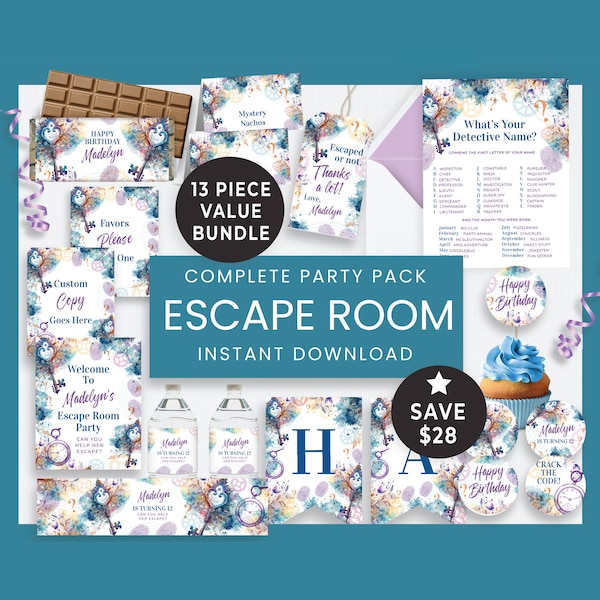 Editable Bundle Escape Room Party Girl Digital Download,  Kid Mystery Break Out, Detective Uncover the Mystery Party Decor & Favors 122HL
