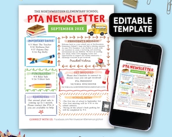 Editable PTO PTA Newsletter Template, Welcome Back to School PTA Meeting Form, Volunteer Events Monthly/Weekly Classroom Newsletter 186HL