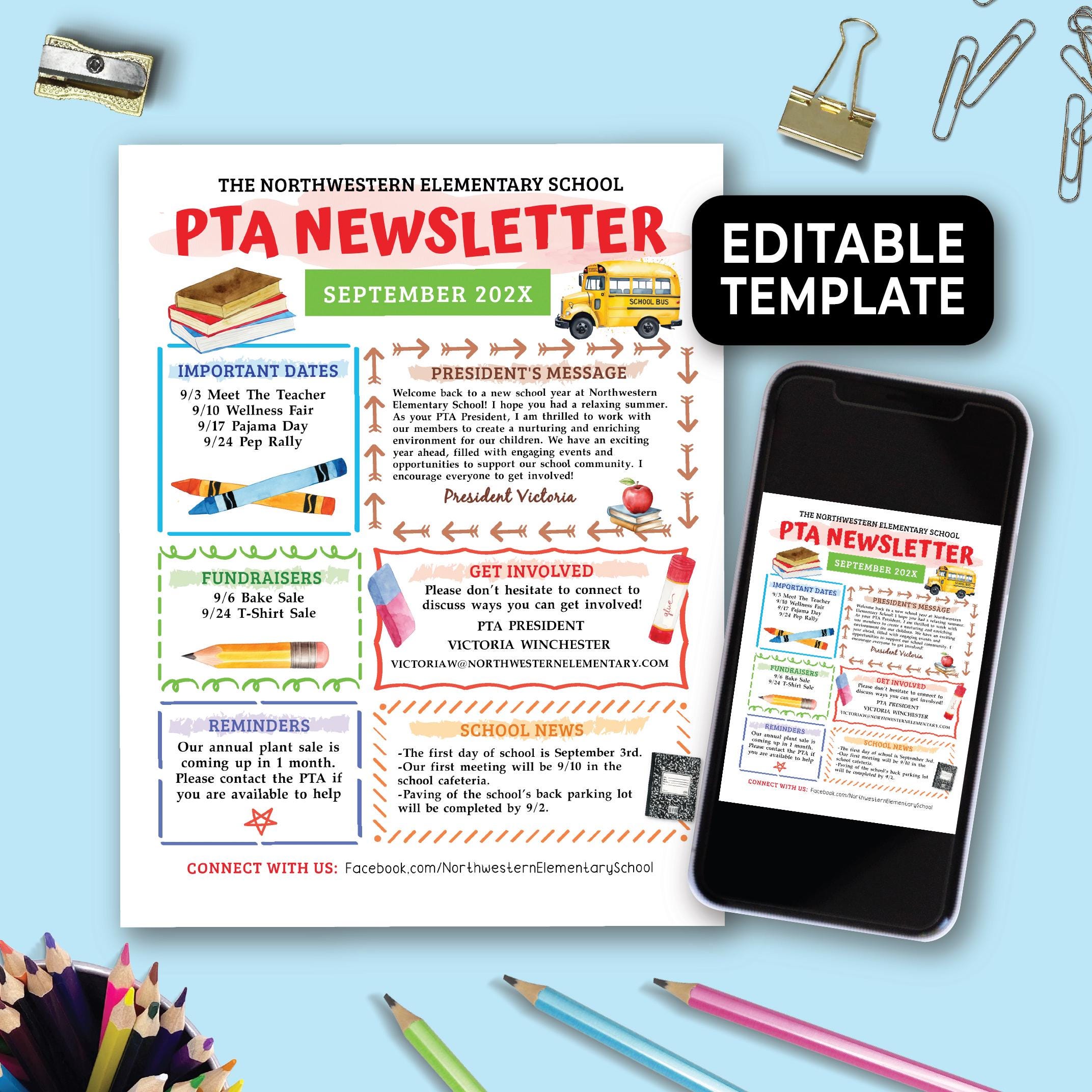 Editable PTO PTA Newsletter Template, Welcome Back to School PTA ...
