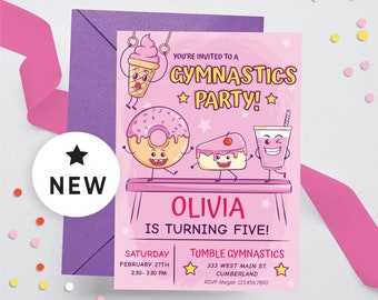 Editable Invitation Gymnastics Party Digital Download, Gymnastics Birthday Invitation Girl Instant Download, Gymnast Party Pink 108HL