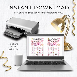 May include: Two printable Galentine's Bingo cards with pink and white watercolor designs. The cards feature images of cupcakes, champagne, lipstick, and other items related to a Galentine's Day celebration. The text "Galentine Bingo" is at the top of each card.