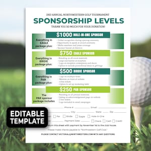 Editable Golf Tournament Sponsorship Levels Template, Golf Fundraiser Form, Golf Sponsorship Deck Template, Sponsorship Levels Menu 262HL