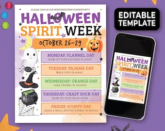 Editable Halloween Spirit Week Flyer, Fall Spirit Week Template, School Spirit Week Flyer, PTO PTA Flyer, Halloween Dress Up Days 197HL
