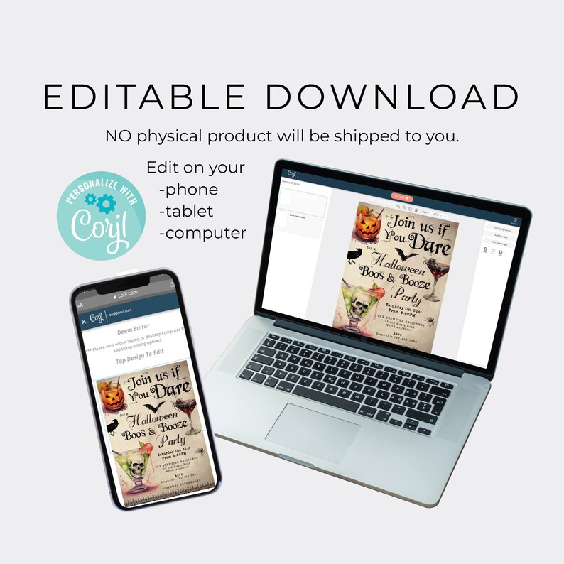 May include: Editable Halloween party invitation template displayed on a laptop and smartphone screen. The invitation features a spooky cocktail with a skull and crossbones, a black crow, and the text "Join us if You Dare Halloween Boos & Booze Party".