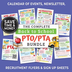 Editable PTO PTA Flyer Bundle Includes Newsletter, Volunteer Recruitment Drive Flyers, Calendar of Events & Membership Form Templates  187HL