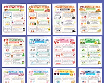 Plantillas editables para boletines informativos de la PTA (Asociación de Padres y Maestros), 12 meses de eventos de voluntariado durante todo el año escolar, folleto mensual con noticias para el director (275HL)